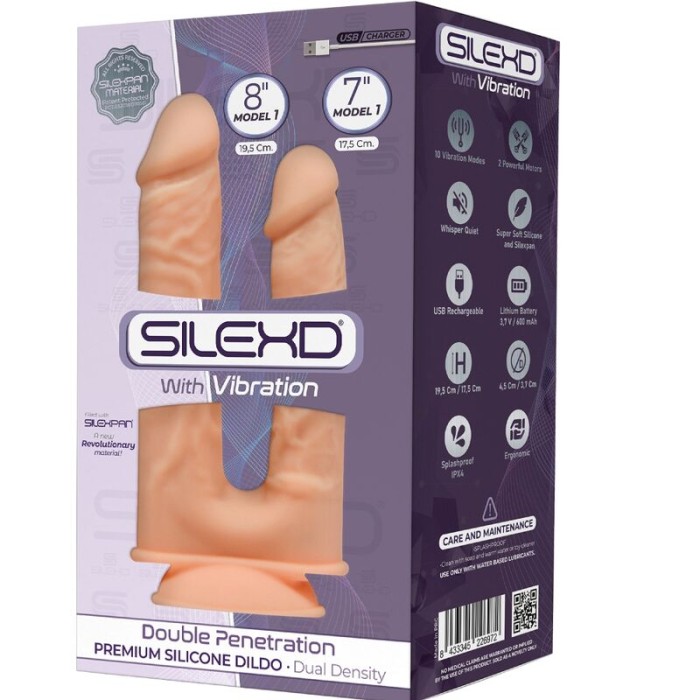 SILEXD - MODÈLE 1 VIBRATEUR PÉNIS RÉALISTE DOUBLE PÉNÉTRATION PREMIUM SILEXPAN SILICONE 17.5 / 19.5 CM